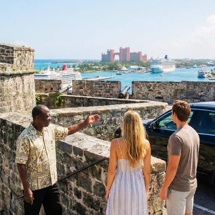 A panoramic view of the Nassau cruise port and Atlantis resort from the top of the Fort Fincastle landmark.