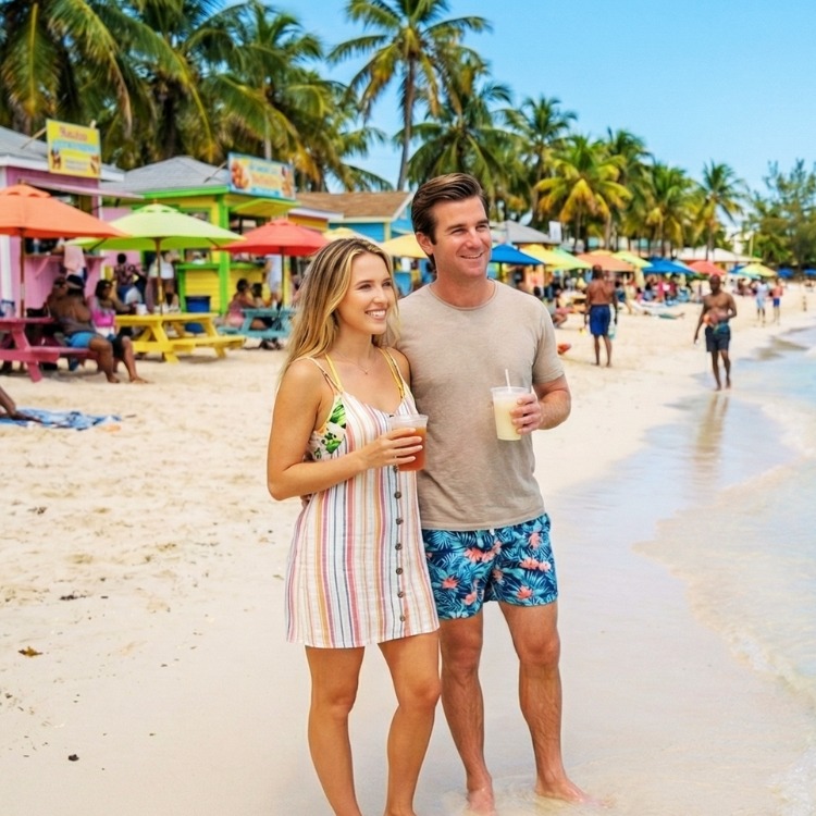 A private taxi tour van parked at a scenic coastal overlook in Nassau, Bahamas, ready for a custom island sightseeing trip.