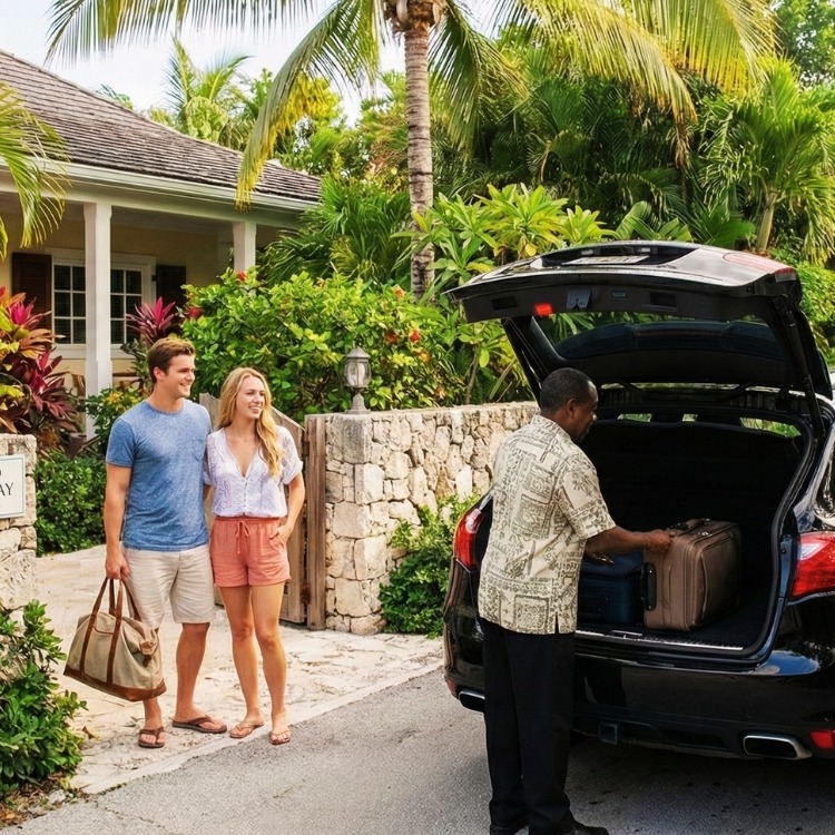 Travelers loading suitcases into a spacious, air-conditioned van for a comfortable LPIA airport transfer to their resort.