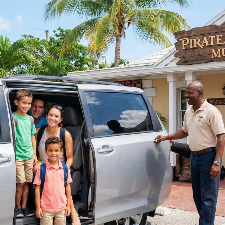 A taxi driving along the coastal road connecting Cable Beach to Downtown Nassau.